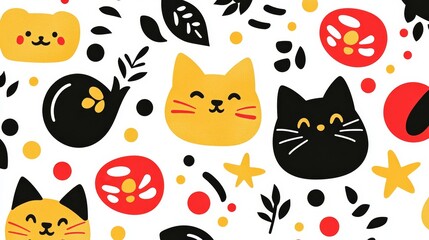 Cute Cats Floral Pattern Seamless Design Illustration