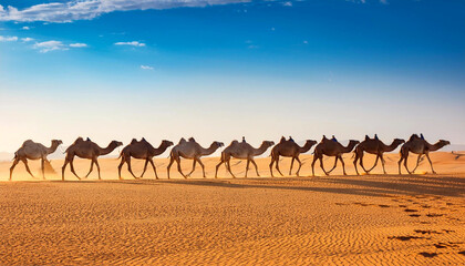 A line of camels walking in single file through the desert. The vast desert is empty except for the camels.