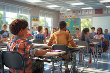 A group of children sit in a classroom with a teacher