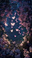 Enchanting Butterfly Forest with Heart-Shaped Light and Blossoms