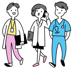 Three doctors walking forward