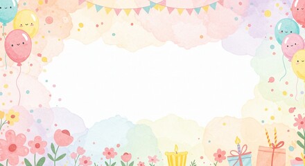 Pastel Watercolor Birthday Background with Balloons Flowers Gifts and Candles