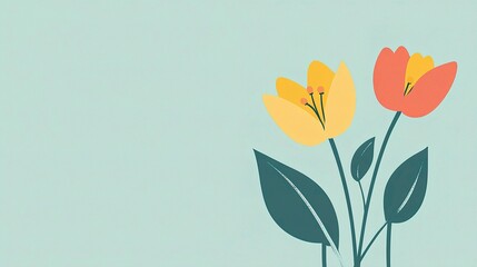 Spring Blooms: Delicate and vibrant yellow and red tulips stand tall against a soft blue backdrop, a cheerful and simplistic illustration perfect for greeting cards, invitations.