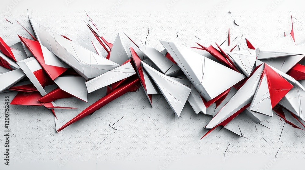 Poster abstract geometric design featuring red and white triangular shapes.