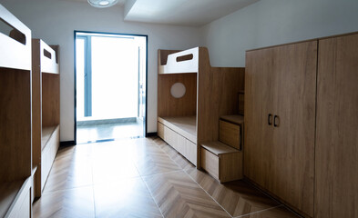 Student dormitory have beds and wardrobes