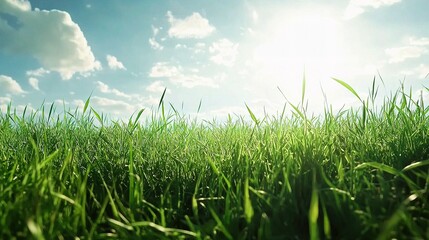 Fototapeta premium Lush Green Grass Field Under Bright Sunny Sky in Springtime
