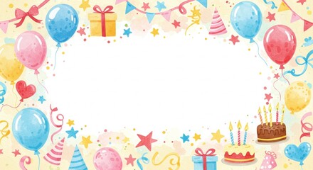 Festive Watercolor Birthday Party Border with Balloons Cakes and Gifts