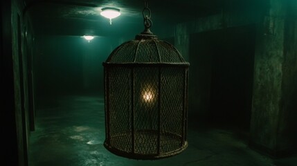 Dark Cage Lantern in Abandoned Building Interior