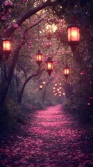 Naklejka premium Enchanted Pathway with Lanterns and Petals in a Dreamy Forest Scene