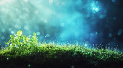 Obraz premium Enchanted Grove: A mystical scene of lush green moss and vibrant new growth bathed in an ethereal blue light, evoking a sense of wonder and tranquility.