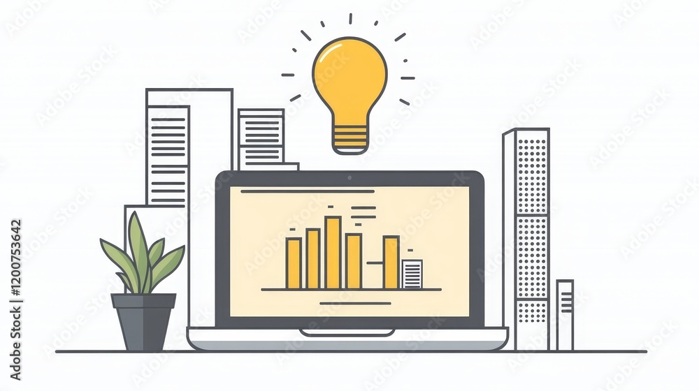 Poster laptop displaying data analysis graph with idea bulb, representing business innovation