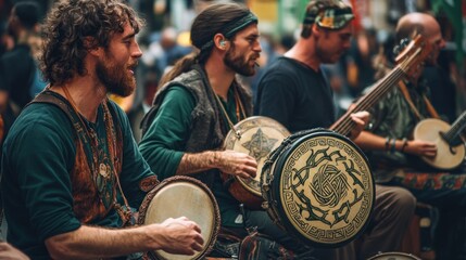 Celtic musicians street perform festival crowd