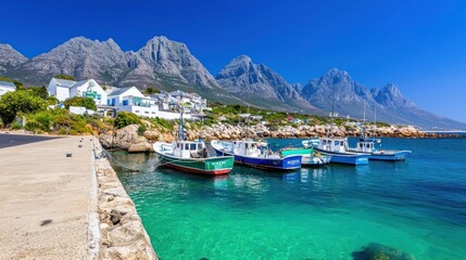 Coastal Town with Fishing Boats and Mountains
