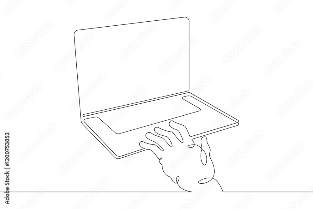 Aufkleber laptop computer, human hands brush typing text on the keyboard. working at the computer.one continuo