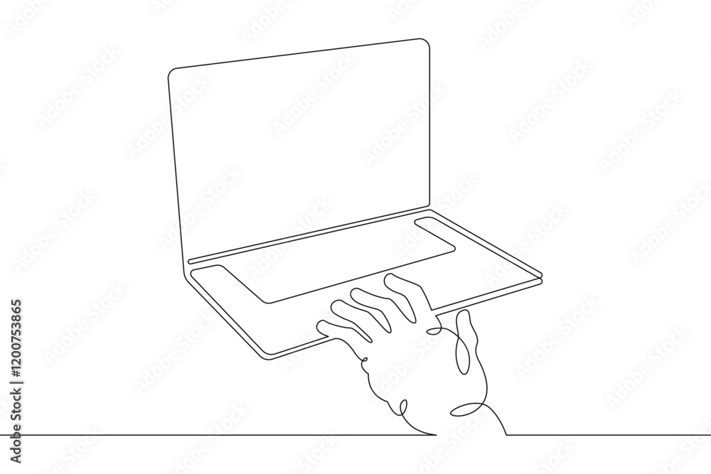 Aufkleber laptop computer, human hands brush typing text on the keyboard. working at the computer.one continuo