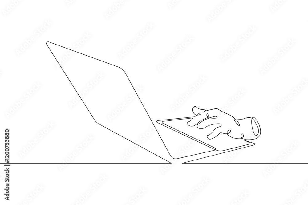 Aufkleber laptop computer, human hands brush typing text on the keyboard. working at the computer.one continuo