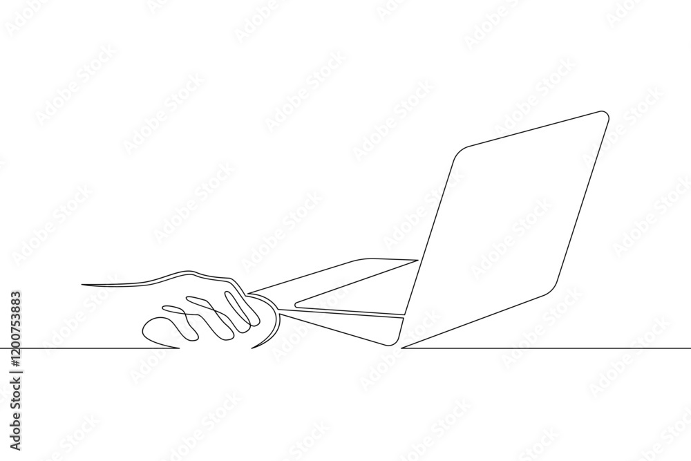 Poster laptop computer, human hands brush typing text on the keyboard. working at the computer.one continuo