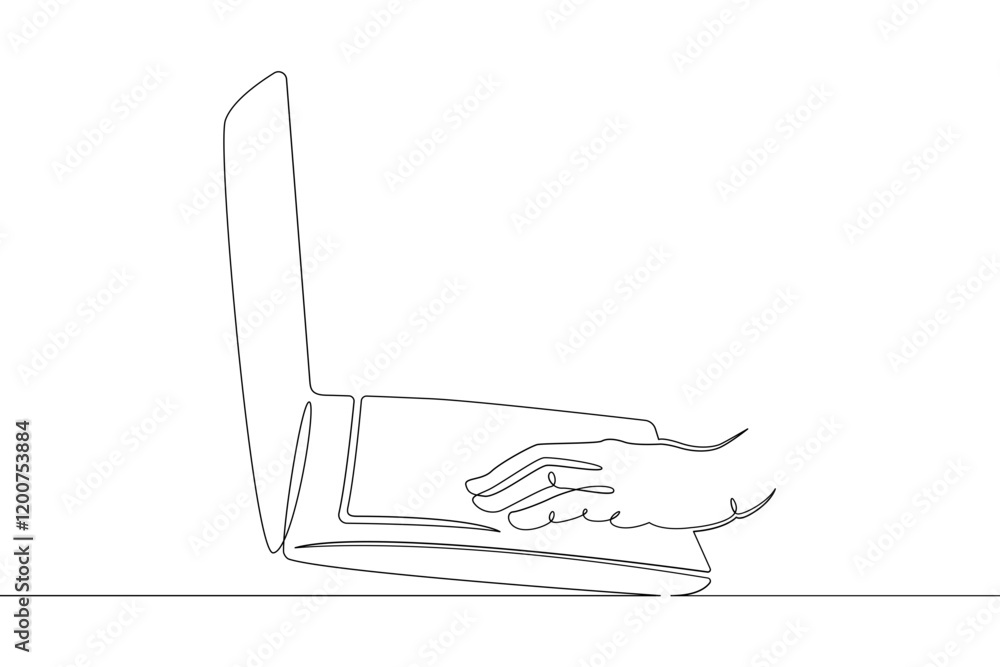 Poster laptop computer, human hands brush typing text on the keyboard. working at the computer.one continuo