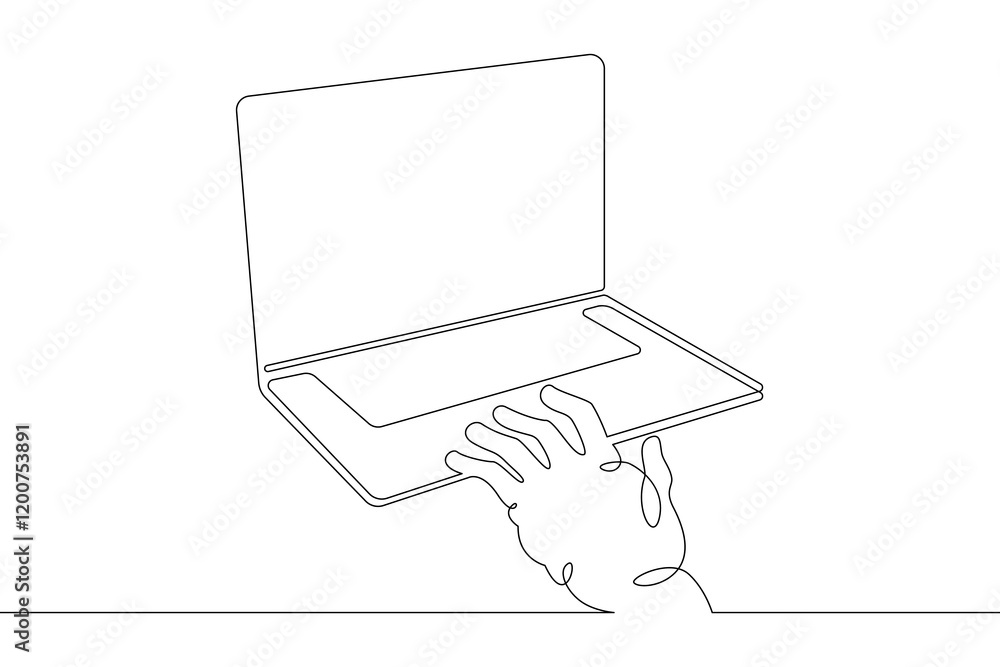 Aufkleber laptop computer, human hands brush typing text on the keyboard. working at the computer.one continuo