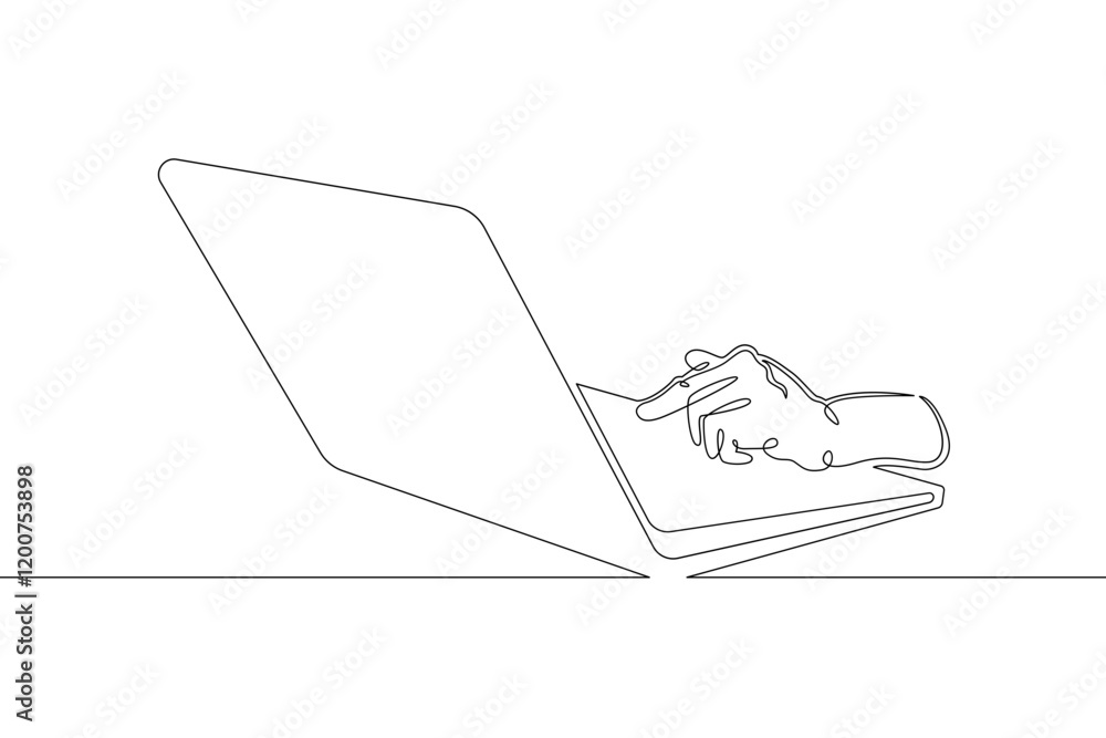 Poster laptop computer, human hands brush typing text on the keyboard. working at the computer.one continuo