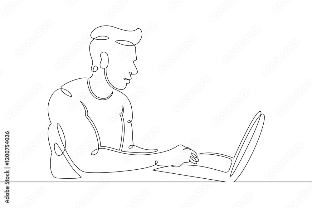Poster young man sits working at a laptop computer. designer manager works on the internet. one continuous 