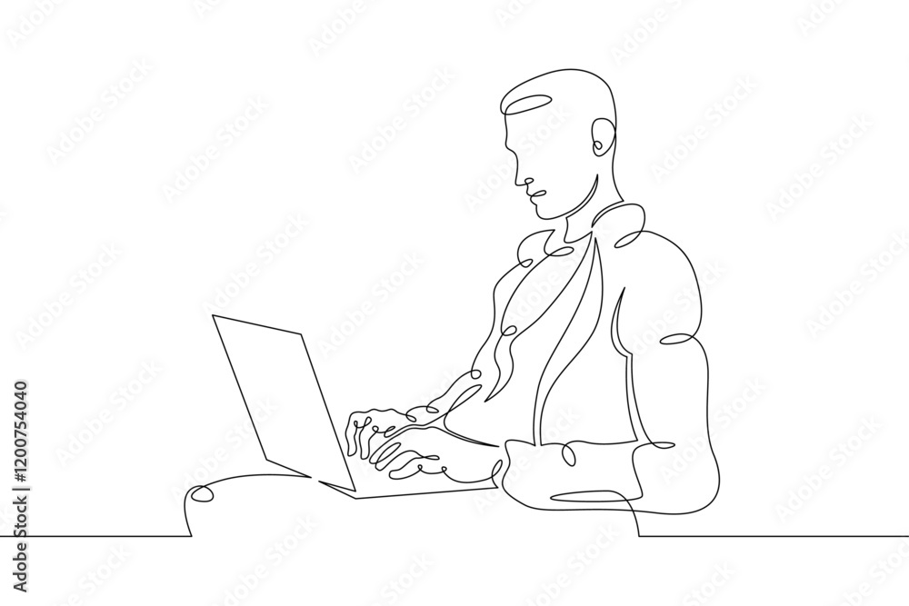 Poster young man sits working at a laptop computer. designer manager works on the internet. one continuous 