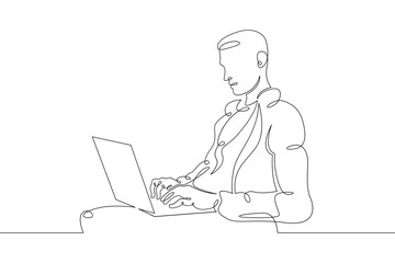 Young man sits working at a laptop computer. Designer manager works on the Internet. One continuous drawing line, logo single hand drawn art doodle isolated minimal illustration.