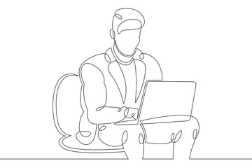 Young man sits working at a laptop computer. Designer manager works on the Internet. One continuous drawing line, logo single hand drawn art doodle isolated minimal illustration.