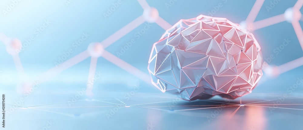 Poster a digital illustration of a geometric brain representation, symbolizing artificial intelligence and 
