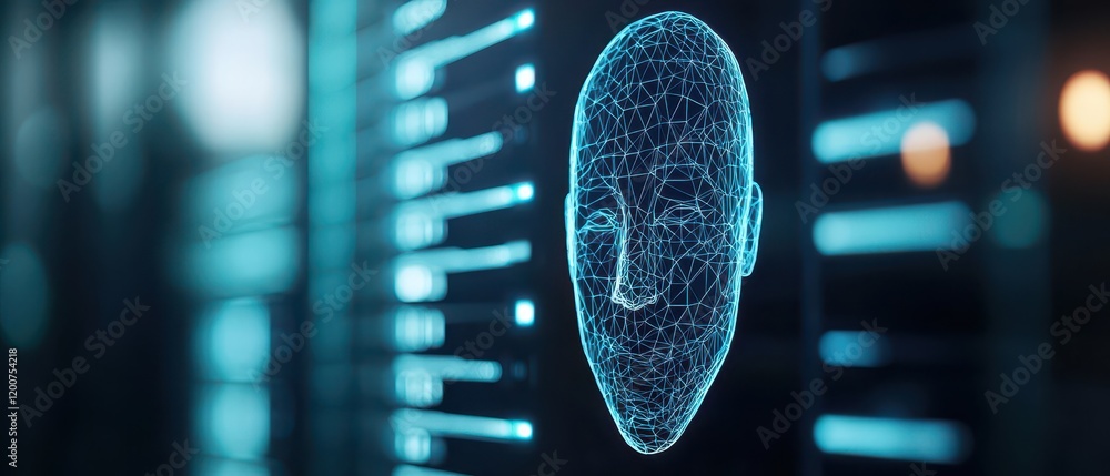 Poster a digital representation of a human head, showcasing intricate patterns and glowing lines.