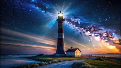 Starry night illuminates Sullivan's Island Lighthouse, its beacon a dramatic contrast to the dark ocean.