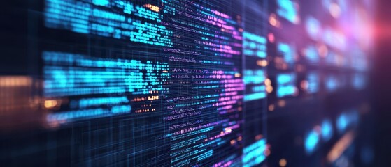 A vibrant display of digital data streams, featuring blue and pink light patterns.