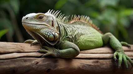 Obraz premium Green Iguana closeup on wood animal closeup reptile closeup