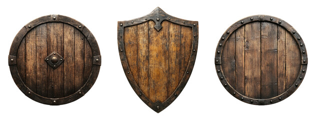 Fototapeta premium Three Varieties of Wooden Shields Isolated on Transparent Background