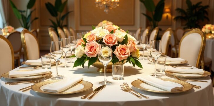 Luxurious centerpiece, gold accents, white linens, elegant, plates