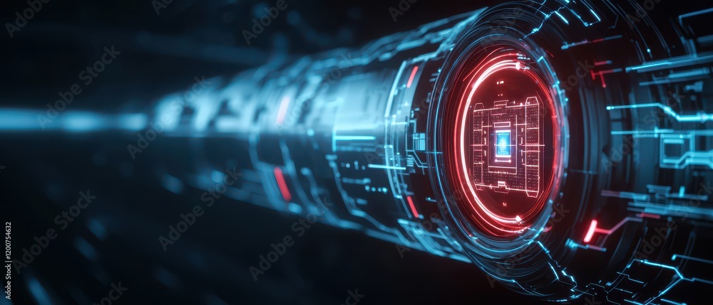 Poster a futuristic cylindrical structure with glowing patterns.