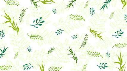 pattern with hand drawn green leaves. Vector illustration.