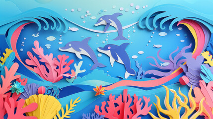 Dolphins Swimming in Colorful Coral Reef with Ocean Waves