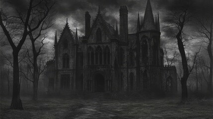 Obraz premium Dark Gothic Mansion in a Foggy Forest at Night