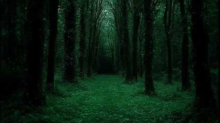 Fototapeta premium Dark Green Forest Path Mysterious Woodland Scene