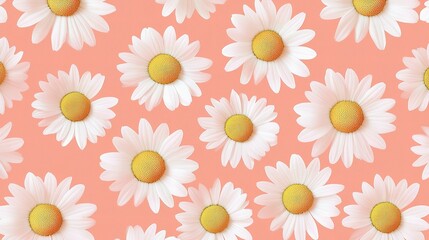 Obraz premium Blooming Daisy Pattern: A whimsical and delicate pattern featuring white daisies with yellow centers, arranged in a repeating design against a soft, coral background. Perfect for crafting, textiles.