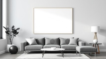 Minimalist living room wall art mockup with a sleek and modern design, displaying a geometric pattern in black and white, mockup, wall art, sleek