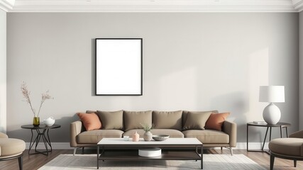 A stylish wall art mockup featuring a modern black frame hanging in a contemporary living room setting, decor, decoration, design