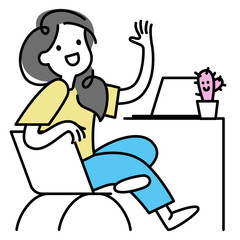 Woman turns around and waves hello