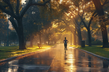 A runner is running down a path in a park