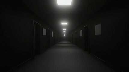 Dark Long Corridor with Doors and Lights at Night