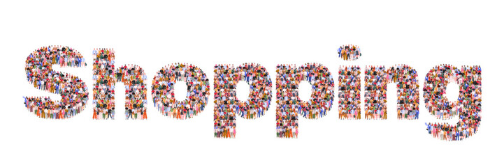 Large group of people forming word Shopping. A concept of consumption, shopping, and human interaction. Modern design, perfect for themes related to commerce, marketing, and retail. Vector 