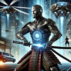 528 Cybernetic Samurai A samurai warrior clad in a metallic armo