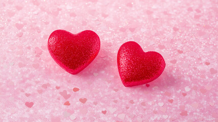 Obraz premium Valentine's day or Wedding romantic love background with glitter red hearts on pink background
