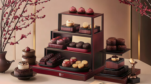 A beautifully crafted display of red and gold dessert trays featuring mooncakes, candied fruits, and symbolic snacks for the Chinese New Year celebration 